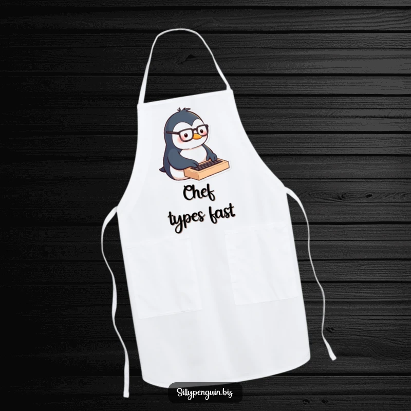 Funny apron showing a penguin with glasses enthusiastically typing on a tiny keyboard, ready for culinary tasks.