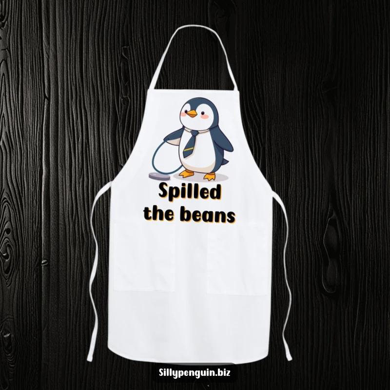 Funny Penguin Apron, wearing a tiny tie, tripping over a computer cable, humorous kitchen accessory.