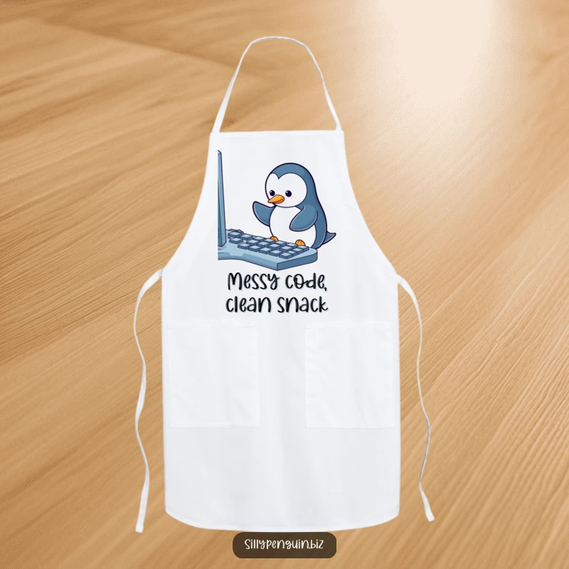 Funny Apron: Penguin Frantically Typing on a Keyboard with a Stuck Key, a humorous cooking accessory