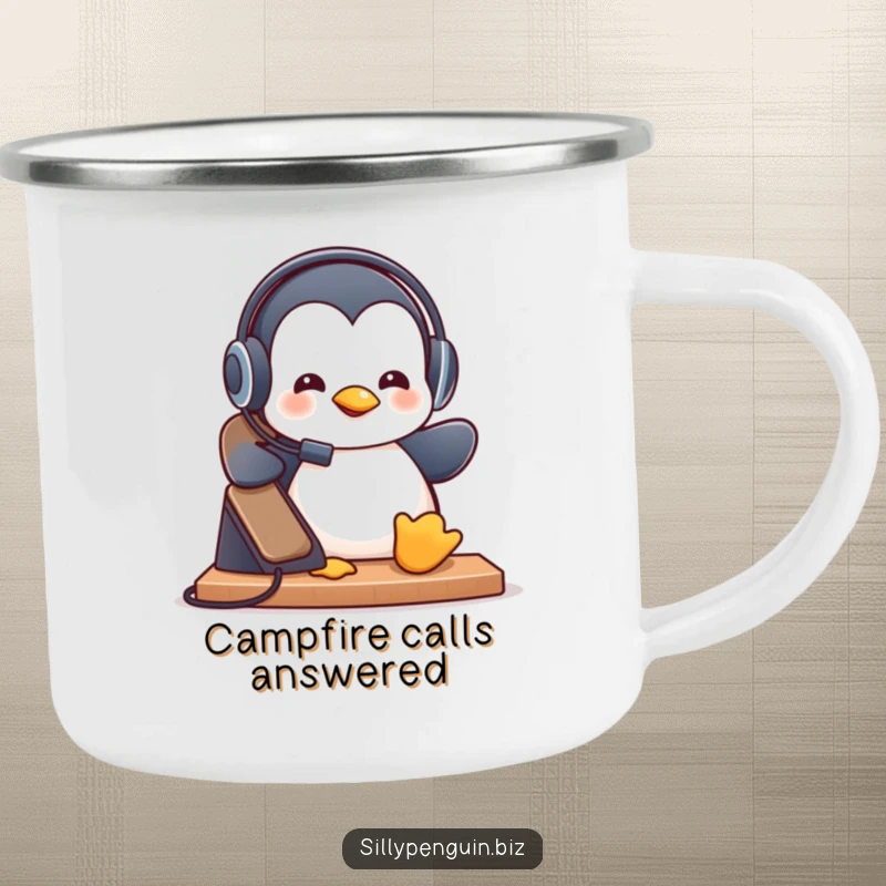 Funny Camping Mug: Penguin in Headset Answering Ringing Desk Phone outdoors
