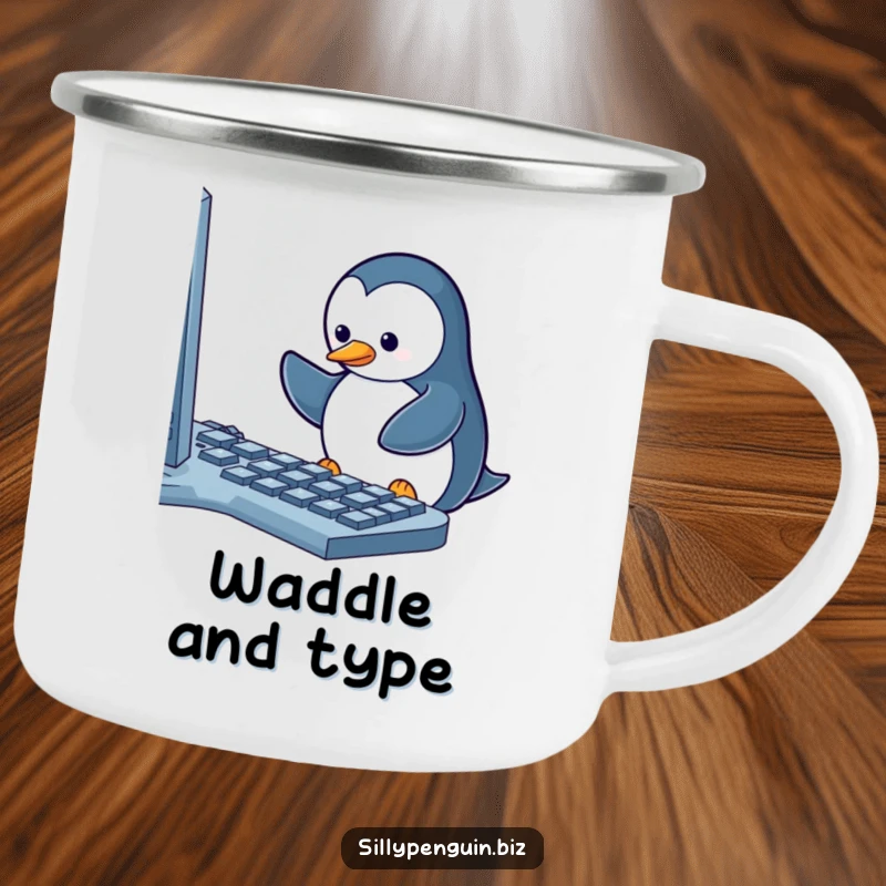 Funny Camping Mug: Penguin Pecking a Keyboard with a Stuck Key, perfect for outdoor adventures