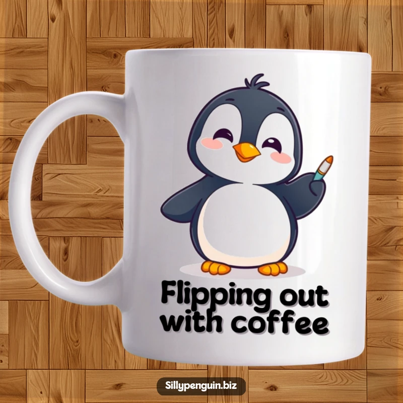 Funny Mug: A Cheerful Penguin Skillfully Spinning a Pen on its Flipper