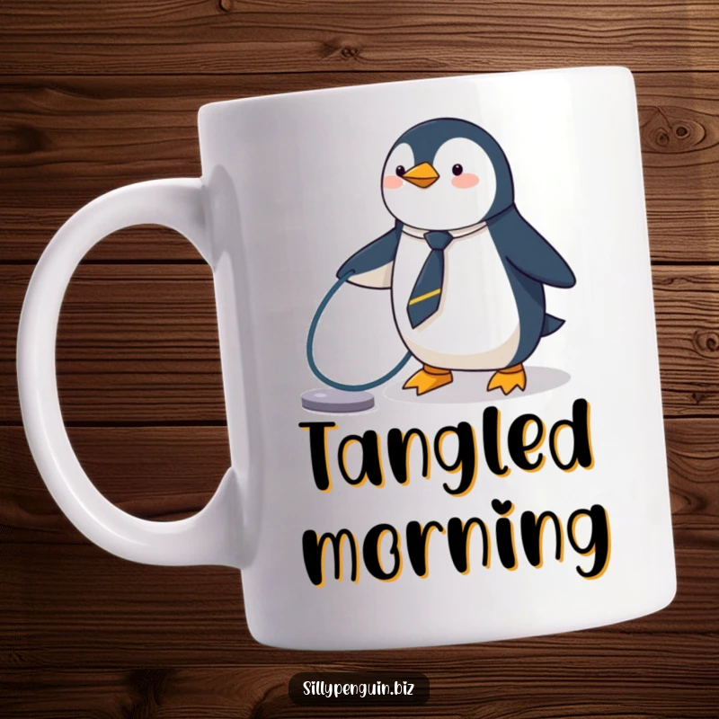 Funny Penguin Mug, wearing a tiny tie, comically tripping over a computer cable, office tech humor.