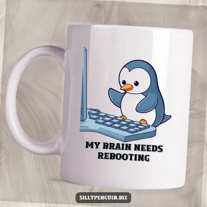 Funny Mug: A Determined Penguin Frantically Pecking a Computer Keyboard with One Stuck Key
