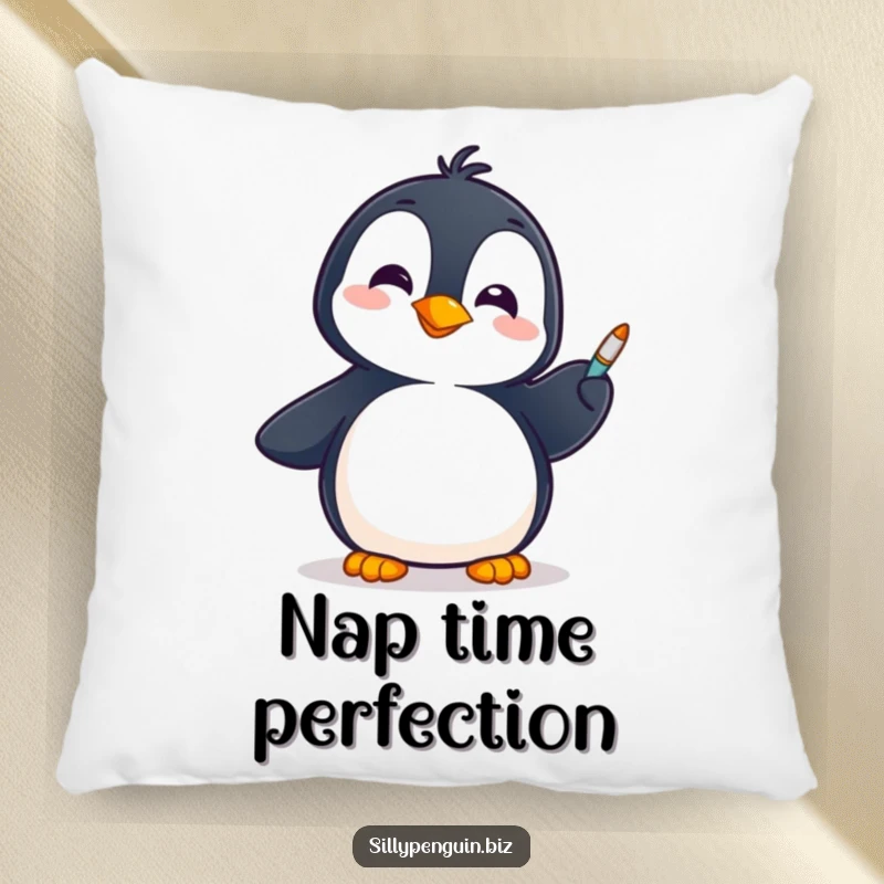 Funny Pillow: A Cheerful Penguin Spinning a Pen on its Flipper, soft and humorous