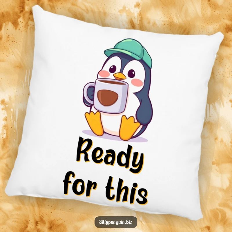 Funny Penguin Pillow, surprised cubicle worker, oversized coffee mug, soft and humorous home decor.