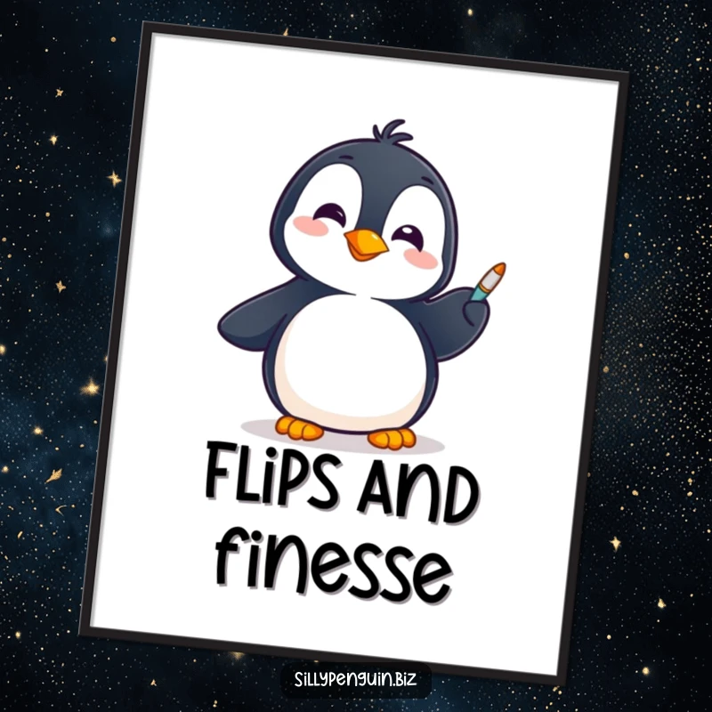 Funny Digital Art Print: Penguin with a Cheerful Expression Spinning a Pen on its Flipper