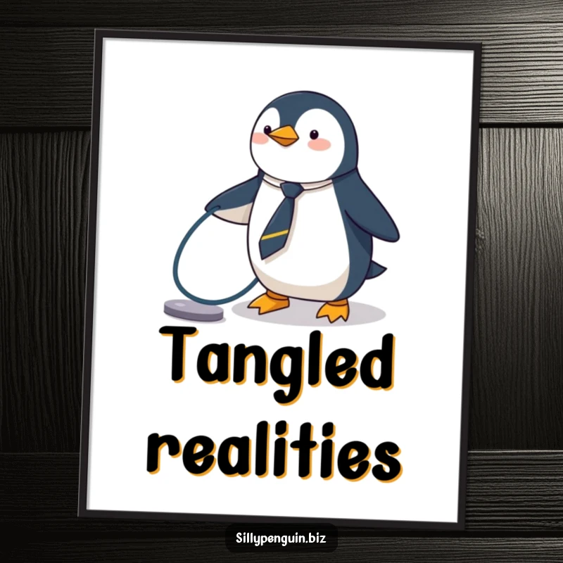 Funny Penguin Digital Art Print, wearing a tiny tie, tripping over a computer cable, humorous tech decor.