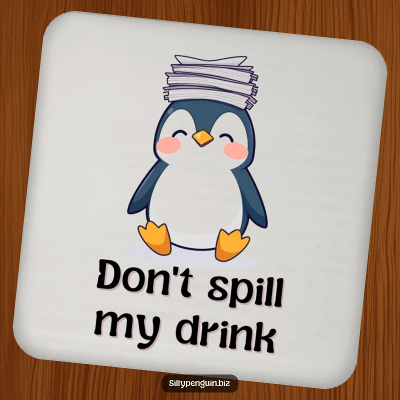 Funny Coaster: Penguin Balancing a Stack of Papers on its Head, looking unsteady, protective