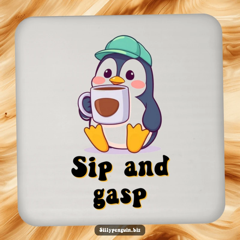 Funny Penguin Coaster, surprised cubicle worker, oversized coffee mug, protecting surfaces with humor.