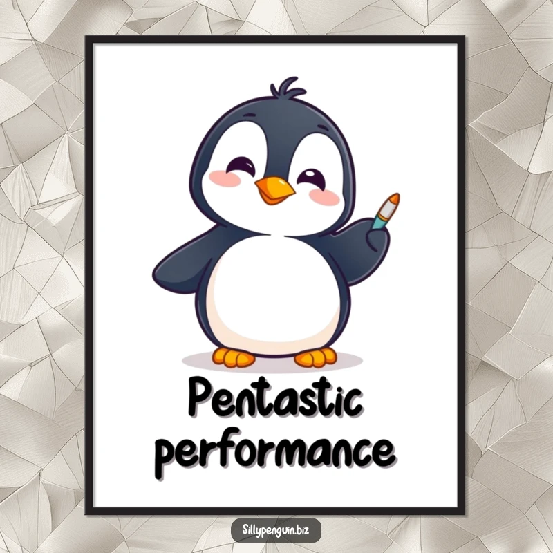 Funny Poster: Penguin with a Cheerful Expression Skillfully Spinning a Pen on its Flipper