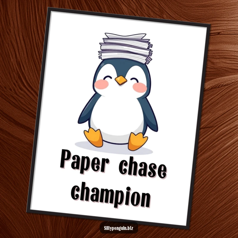 Funny Poster: Penguin Unsteadily Balancing a Huge Stack of Papers on its Wobbly Head, office art