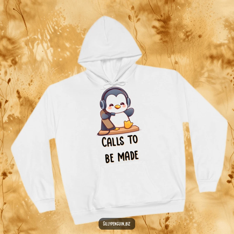 Funny Hoodie: Penguin Wearing a Tiny Headset, Answering a Ringing Desk Phone Playfully