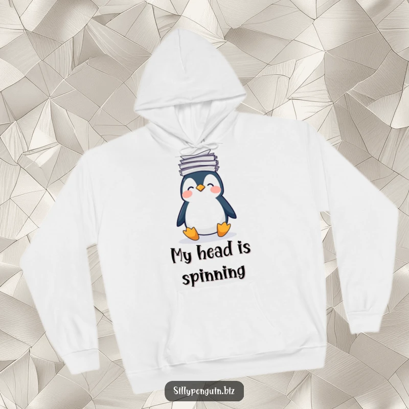 Funny Hoodie: Penguin Wobbly Head Balancing a Precarious Stack of Papers, symbolizing overload