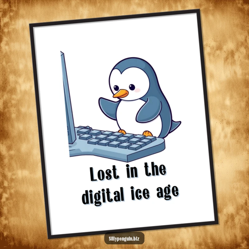 Funny free printable wall art of a penguin intensely pecking at a computer keyboard, a single key stuck.