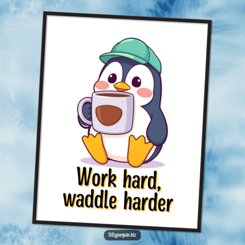 Funny Free Printable Wall Art: A cubicle worker penguin with a huge coffee mug, eyes wide in comical surprise.