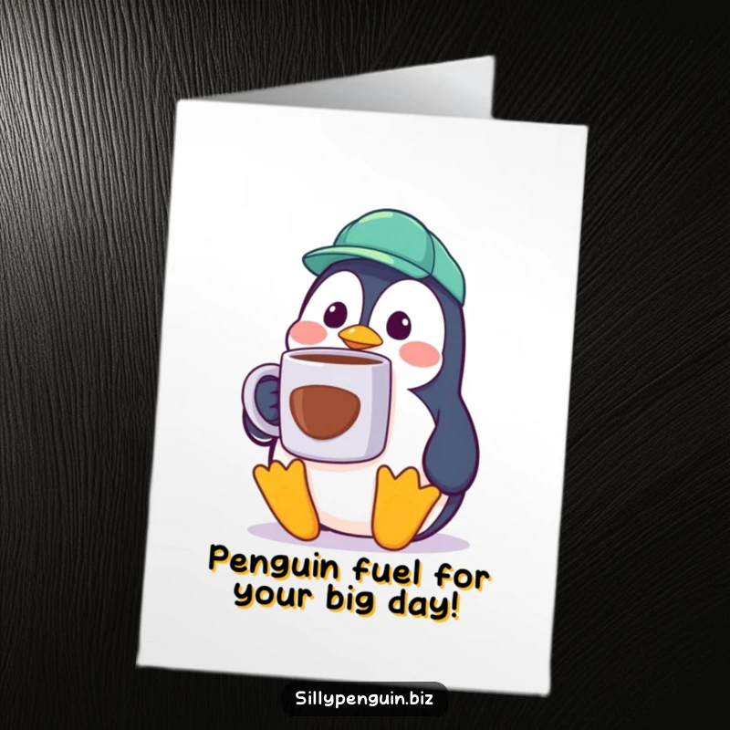 Funny Free Printable Birthday Card: Penguin cubicle worker with a giant coffee mug, looking shocked and ready to party.