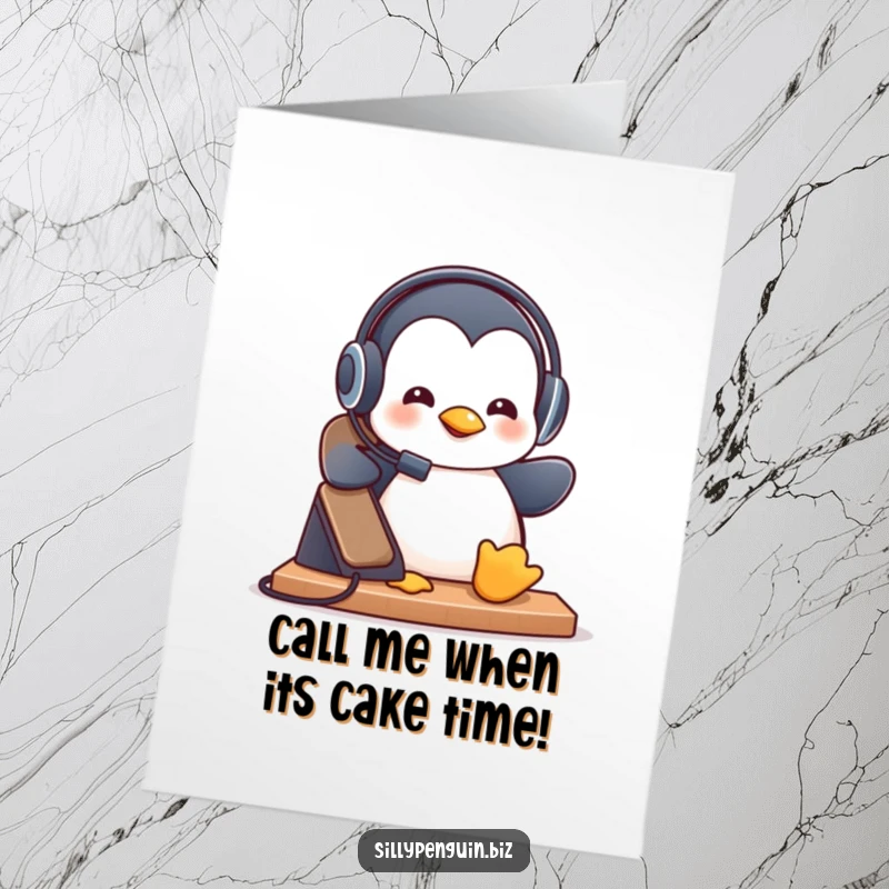 Funny free printable birthday card of a penguin wearing a headset, cheerfully answering a ringing desk phone.