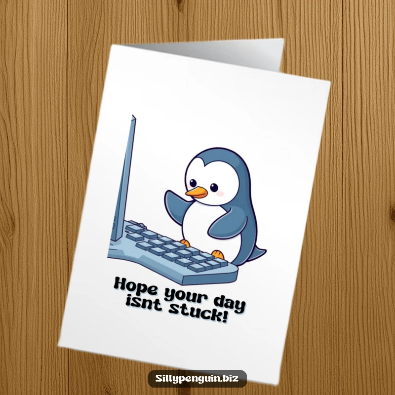 Funny free printable birthday card featuring a determined penguin furiously typing on a keyboard, one key jammed.