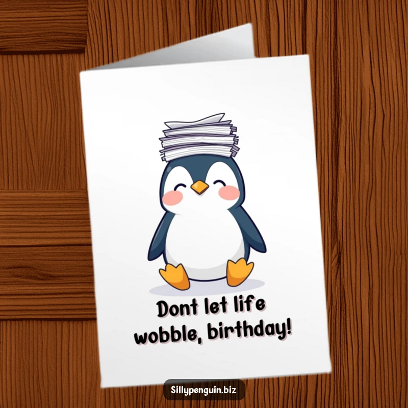 Funny free printable birthday card featuring a wobbly penguin barely balancing a tall stack of papers on its head.