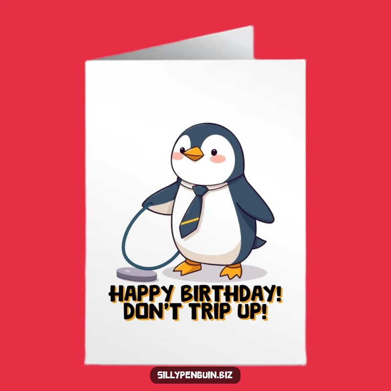 Free Printable Penguin Birthday Card: Tripping Tie-Wearing Penguin Funny Downloadable Gift