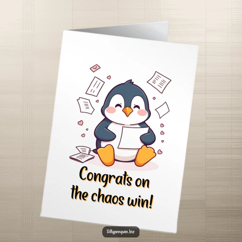 Funny Free Printable Congratulations Card: Penguin filing papers with its beak, causing a comical paper explosion.