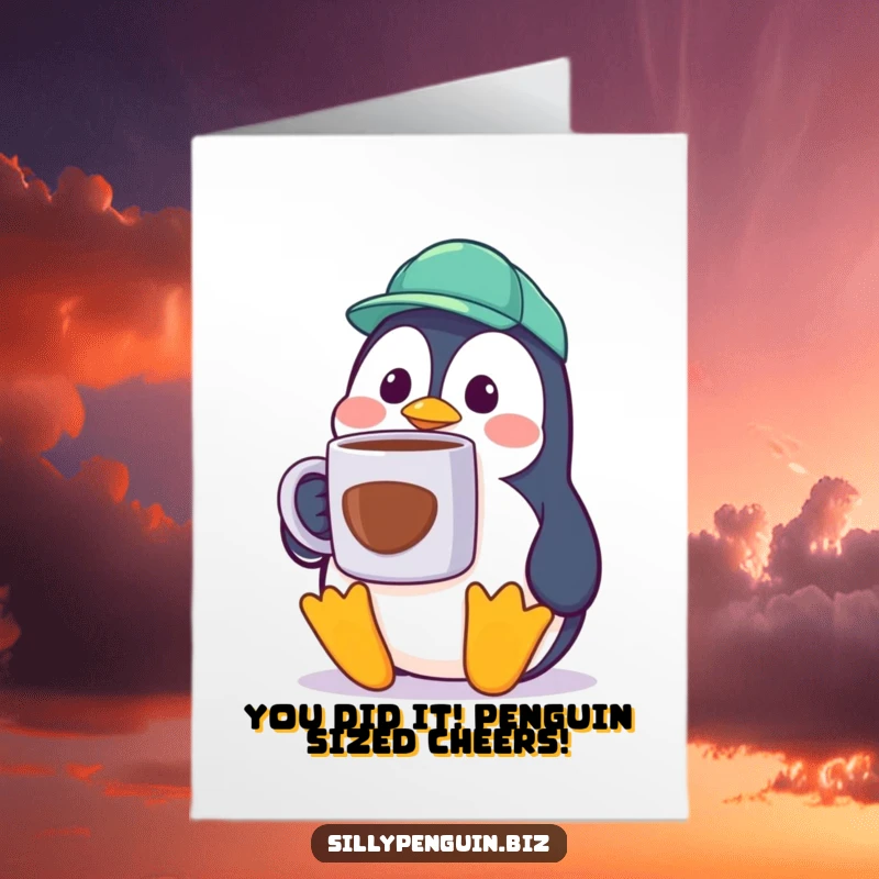 Funny Free Printable Congratulations Card: Penguin cubicle worker holding an enormous coffee mug, eyes wide with surprise.