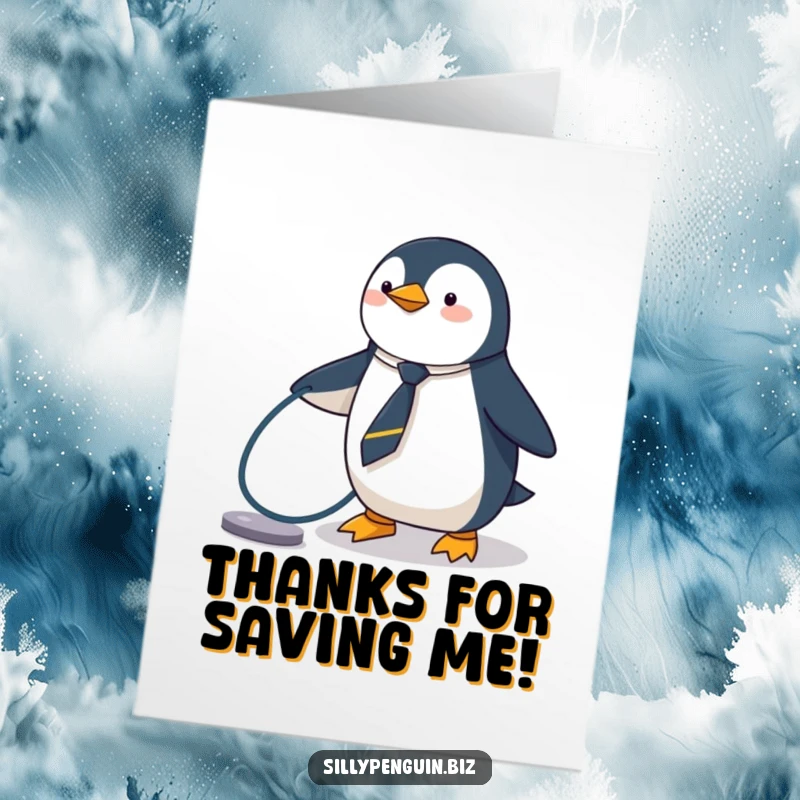Funny Free Printable Thank You Card: A penguin in a miniature tie amusingly stumbles over a computer cable.