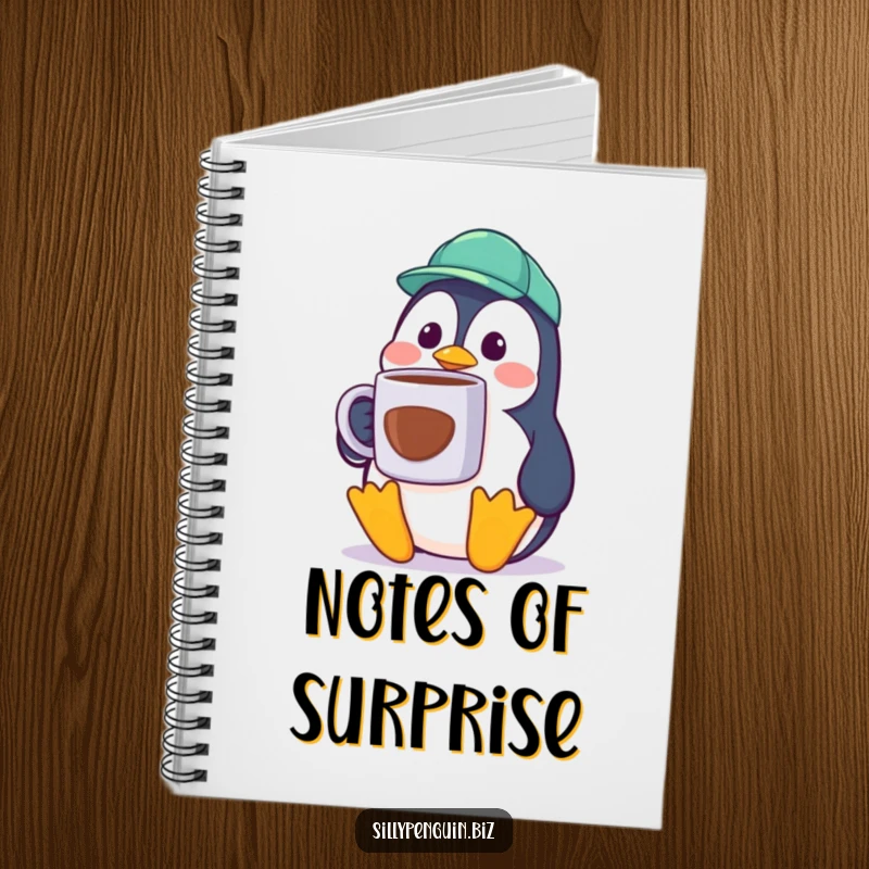 Funny Penguin Notebook, surprised cubicle worker, holding a giant coffee mug, for notes and ideas.