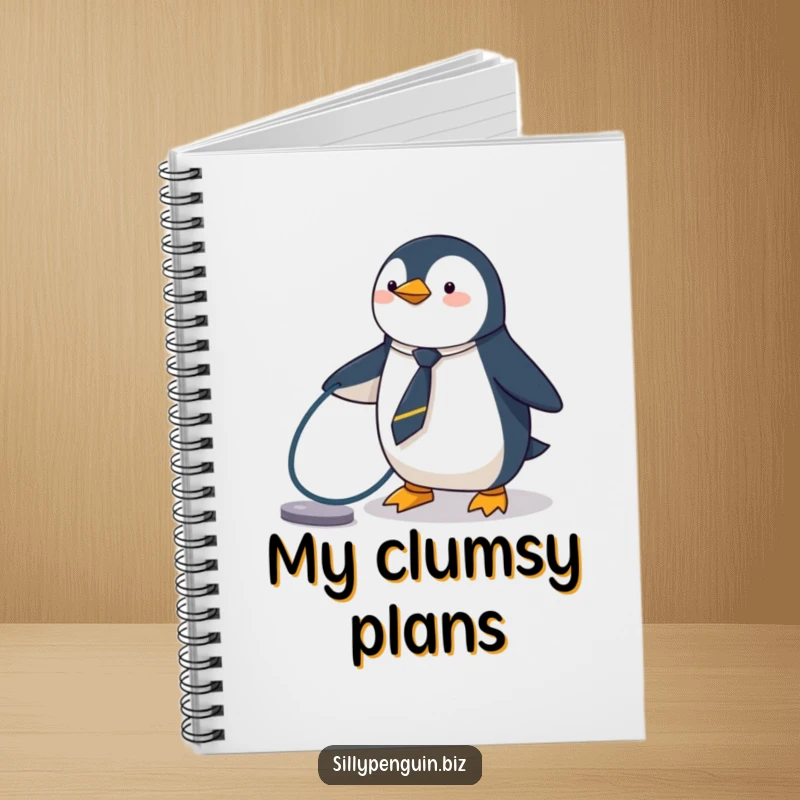 Funny Penguin Notebook, wearing a tiny tie, tripping over a computer cable, for notes and ideas.