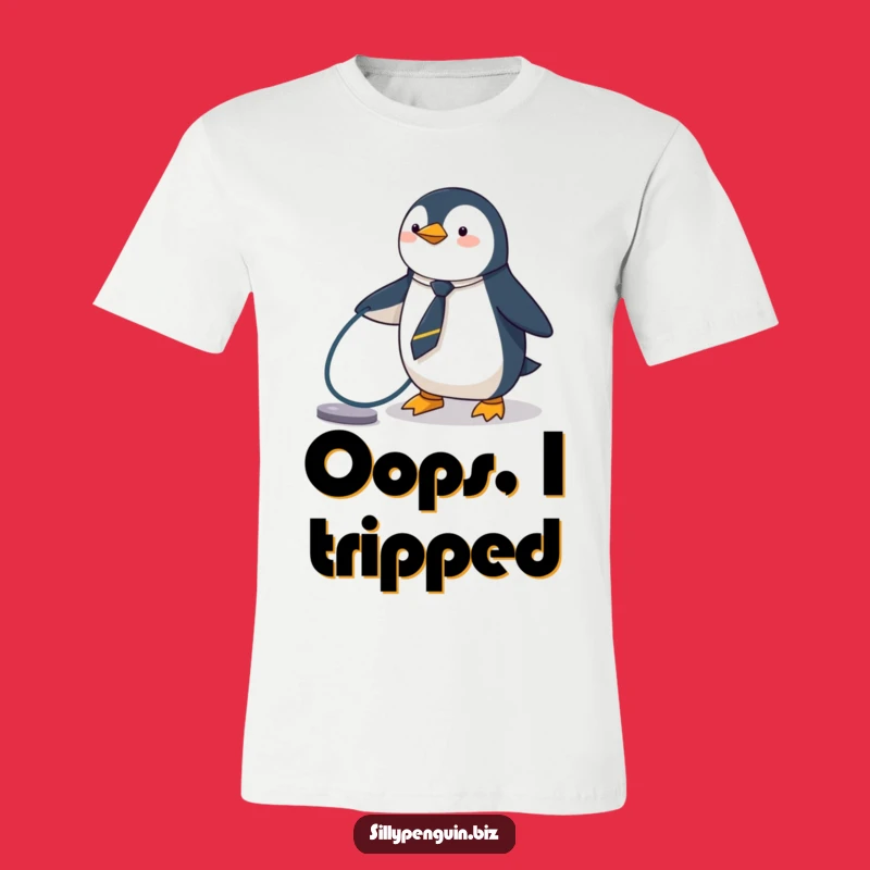 Funny Penguin Tripping Tee - Tiny Tie Tech Mishap Gift