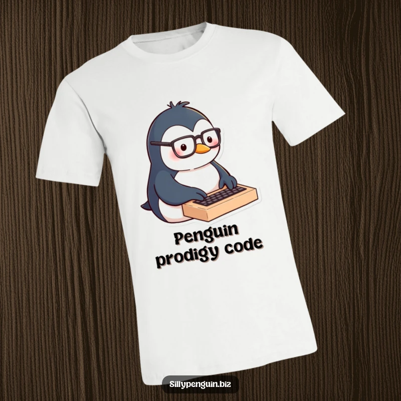 Funny t-shirt featuring a penguin in glasses typing with extreme enthusiasm on a very small keyboard.