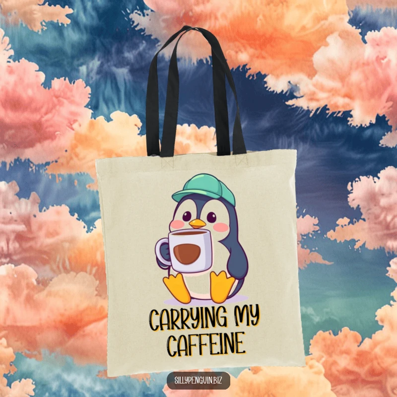 Funny Penguin Tote Bag, surprised cubicle worker, carrying a giant coffee mug, practical and humorous accessory.