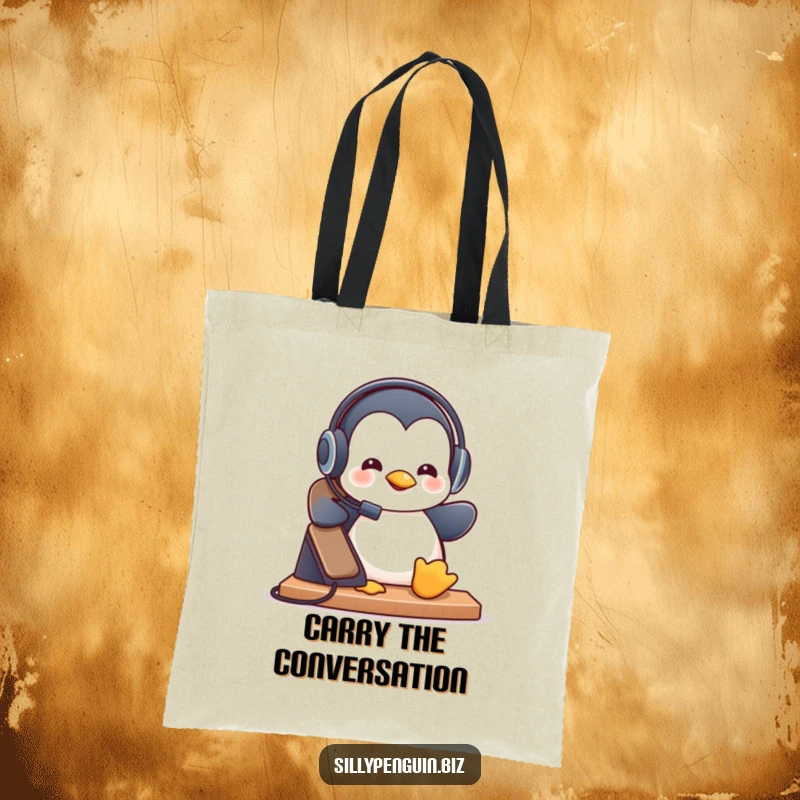 Funny Tote Bag: Penguin in Headset Playfully Answering a Ringing Desk Phone, customer service theme